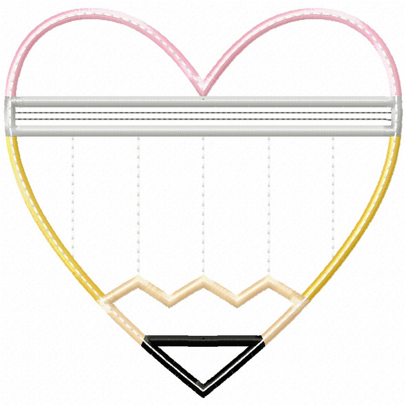 Heart pencil machine embroidery design for Back to School in satin stitch – available in 4x4, 5x7, 6x10, 8x8, and 9x14 sizes