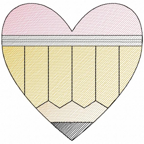 Heart pencil machine embroidery design for Back to School in sketch filled – available in 4x4, 5x7, 6x10, 8x8, and 9x14 sizes