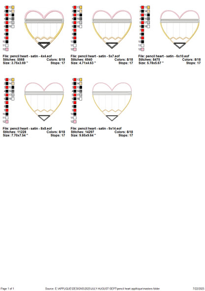 Heart pencil machine embroidery design for Back to School in satin stitch – available in 4x4, 5x7, 6x10, 8x8, and 9x14 sizes