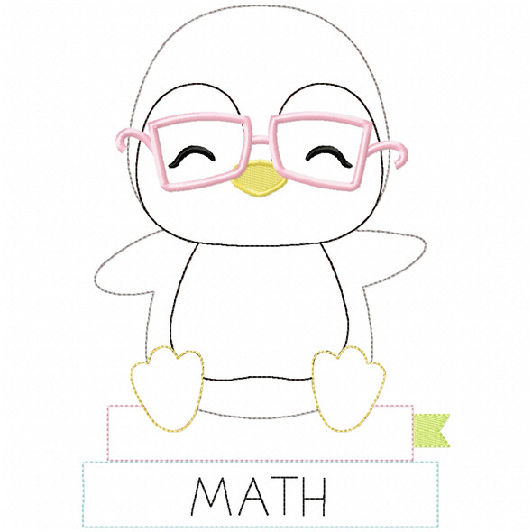 Penguin and Books Simple stitch and Sketch Fill Applique Embroidery Design