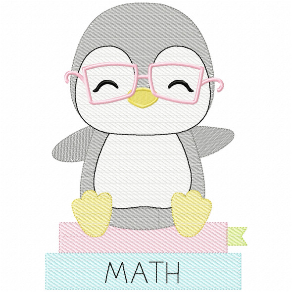 Penguin and Books Simple stitch and Sketch Fill Applique Embroidery Design