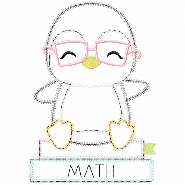 Penguin and Books Satin and Zigzag Applique   Embroidery Design