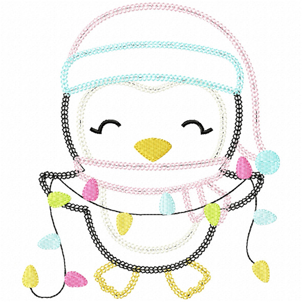 Penguin and Christmas Lights Vintage and Chain Applique Embroidery Design
