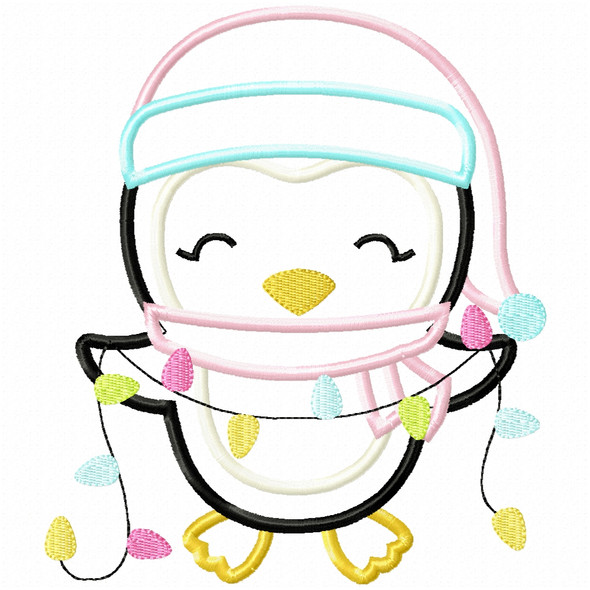 Penguin and Christmas Lights Satin and Zigzag Applique Embroidery Design