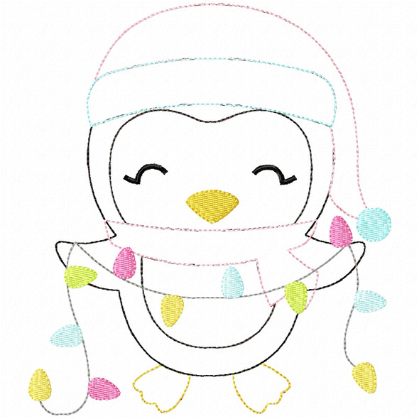 Penguin and Christmas Lights Simple Stitch and Sketch Fill Applique Embroidery Design