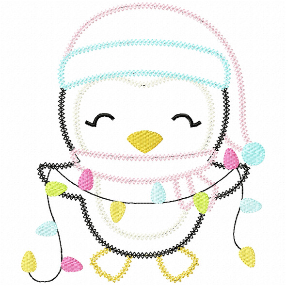 Penguin and Christmas Lights Vintage and Chain Applique Embroidery Design
