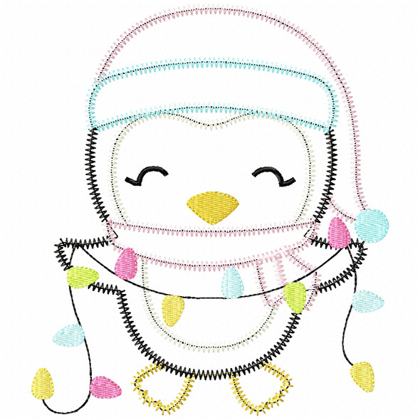 Penguin and Christmas Lights Satin and Zigzag Applique Embroidery Design