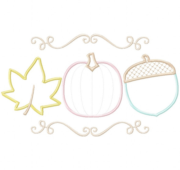 Pumpkin Leaf and Acorn Satin and Zigzag Stitch Applique Machine Embroidery Design