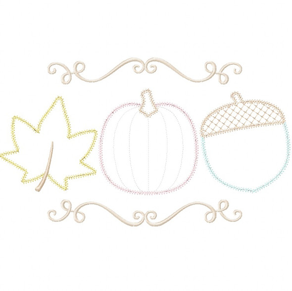 Pumpkin Leaf and Acorn Vintage and Chain Stitch Applique Machine Embroidery Design