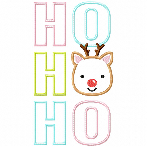 Reindeer Ho Ho Ho Satin and Zigzag Applique Embroidery Design
