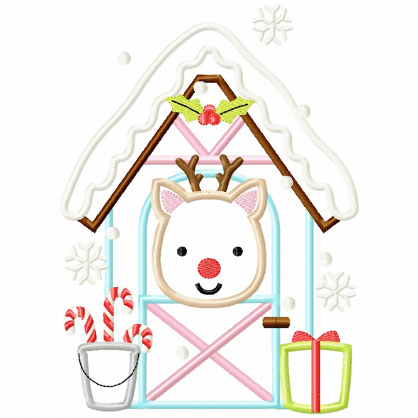 Reindeer Stable Satin and Zigzag Applique  Embroidery Design