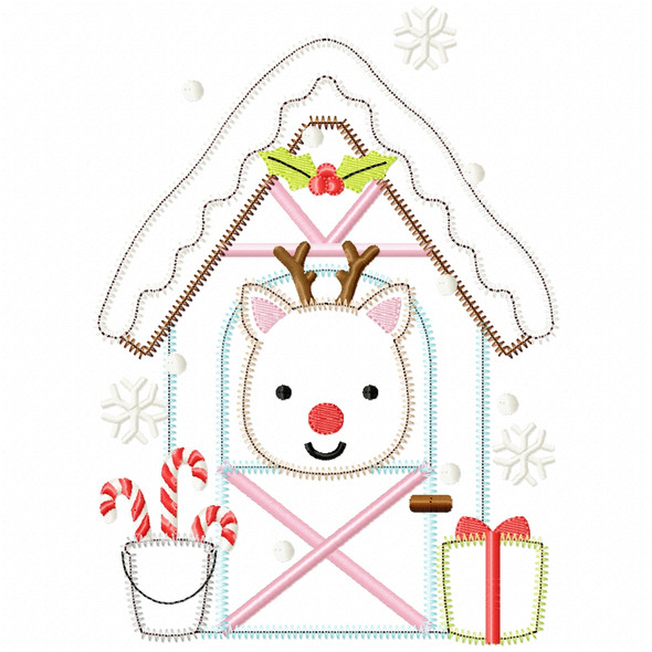 Reindeer Stable Satin and Zigzag Applique  Embroidery Design