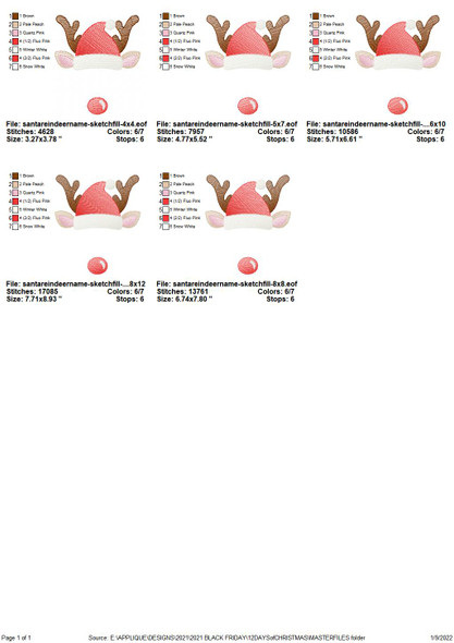 Santa Reindeer Name Sketch Fill Applique Embroidery Design