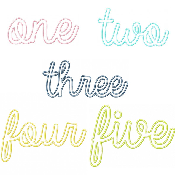 Cursive Numbers 1 through 5 Satin and Zigzag Applique   Embroidery Design