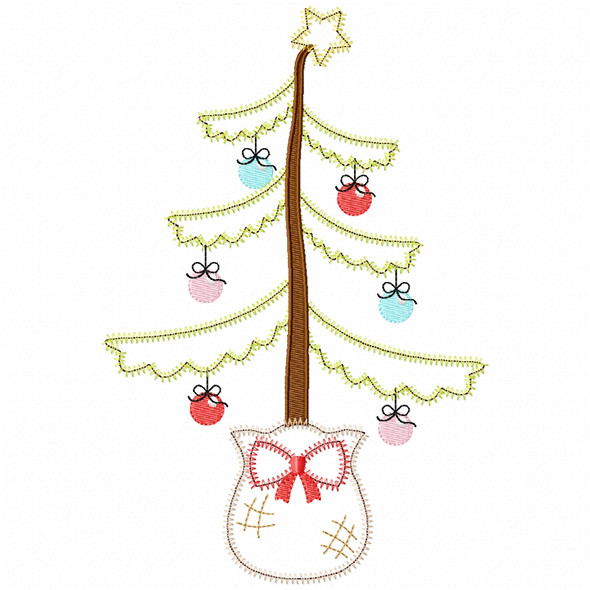 Scrappy Christmas Tree Satin and Zigzag Applique  Embroidery Design