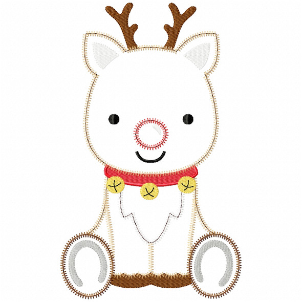 Sitting Reindeer Satin and Zigzag Applique Embroidery Design