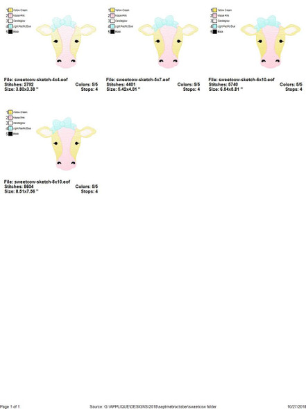 Sweet Cow Sketch Applique Embroidery Design