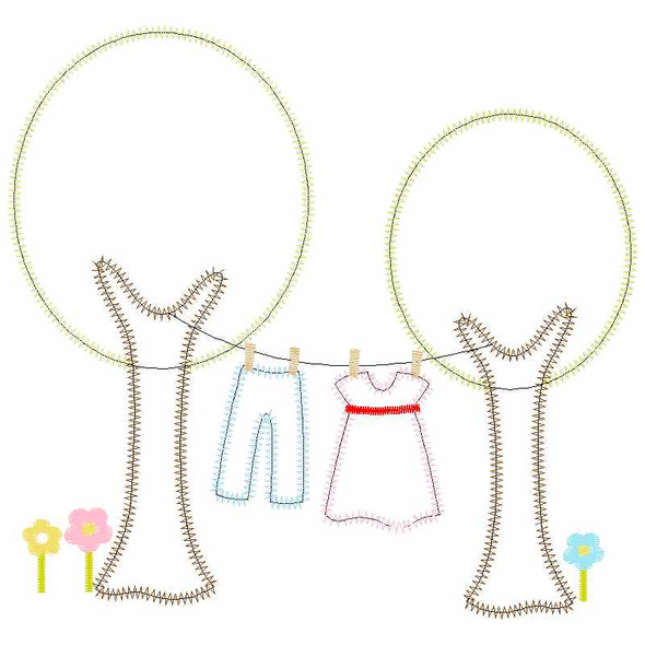 Trees and Laundry Satin and Zigzag Applique Embroidery Design
