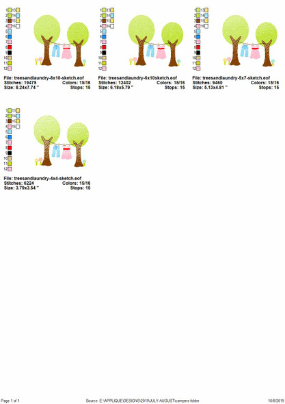 Trees and Laundry Sketch Applique Embroidery Design