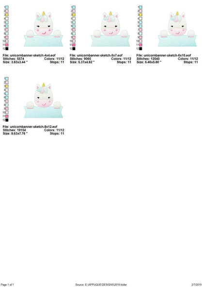 Unicorn Banner Sketch Filled Stitch Embroidery Design