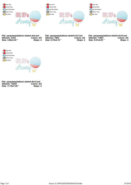 Up Up and Away Sketch Filled Stitch Embroidery Design